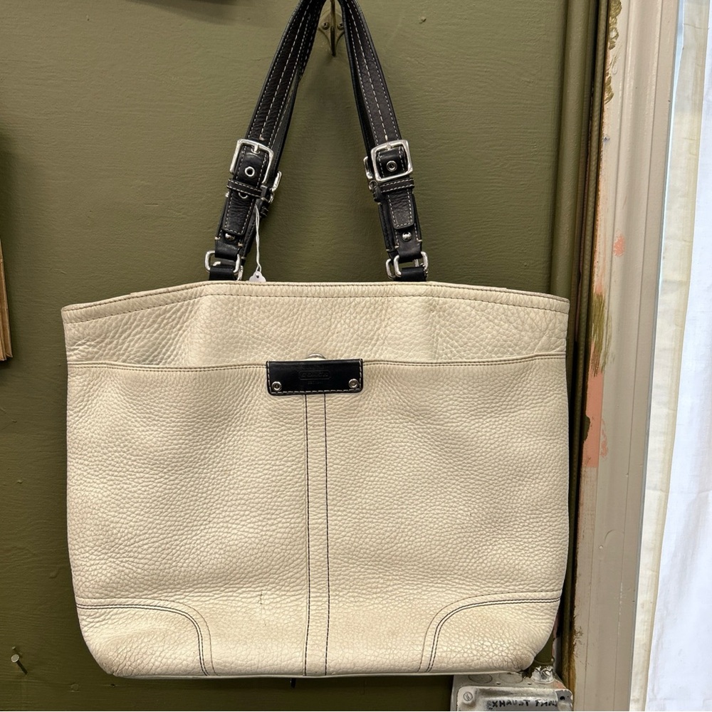 Coach Hamilton pebbled Leather Cream and Black Tote Bag